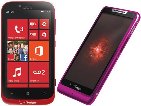 Verizon red Nokia Lumia 822, pink Motorola DROID RAZR M