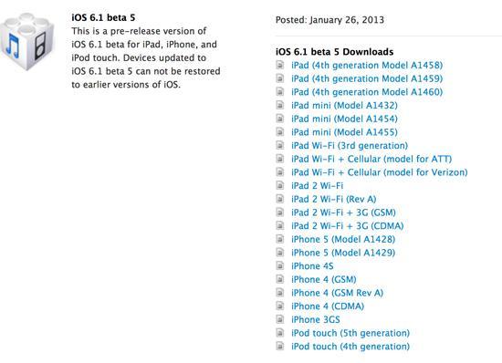 iOS 6.1 beta 5 release