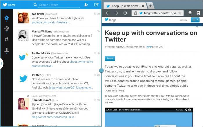 Twitter for Android Tablets multi-screen view