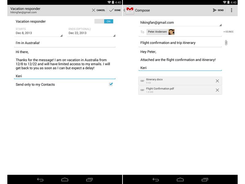 Gmail for Android update vacation responder, attachment support