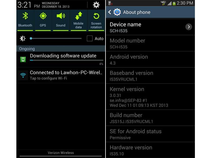 Verizon Samsung Galaxy S III Android 4.3 update