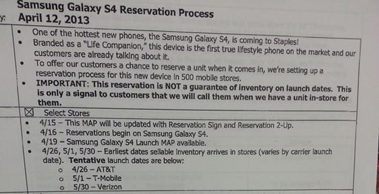 Samsung Galaxy S 4 AT&T, T-Mobile Verizon launch date leak