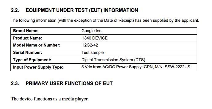 Google H840 media player FCC H2G2-42