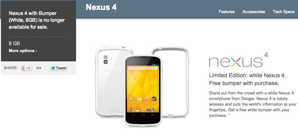 White Nexus 4 8GB with bumper no longer available for sale