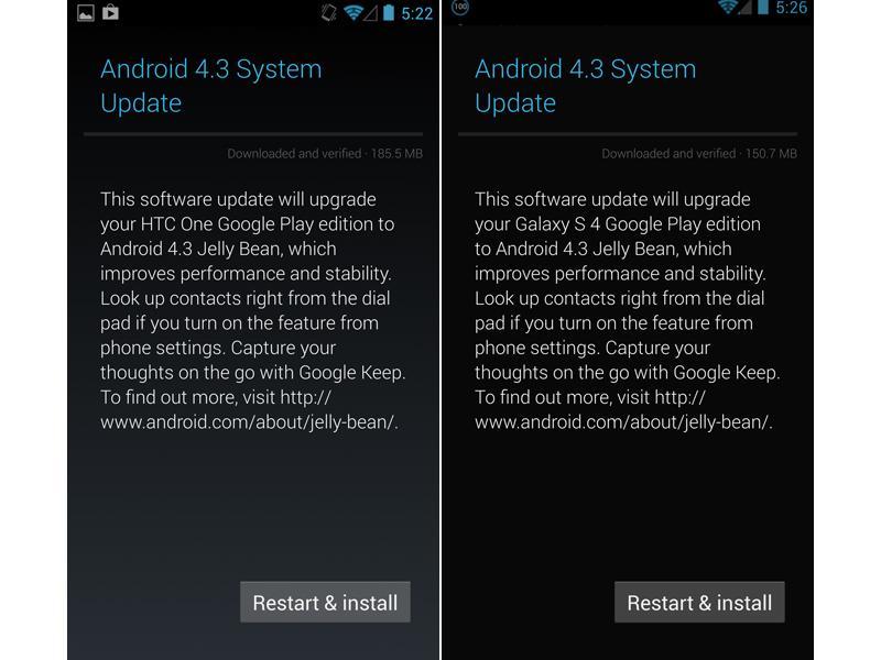 HTC One, Samsung Galaxy S 4 Google Play edition Android 4.3 updates