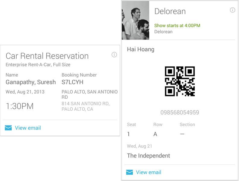 Google Now car rental card, Google Now concert ticket card
