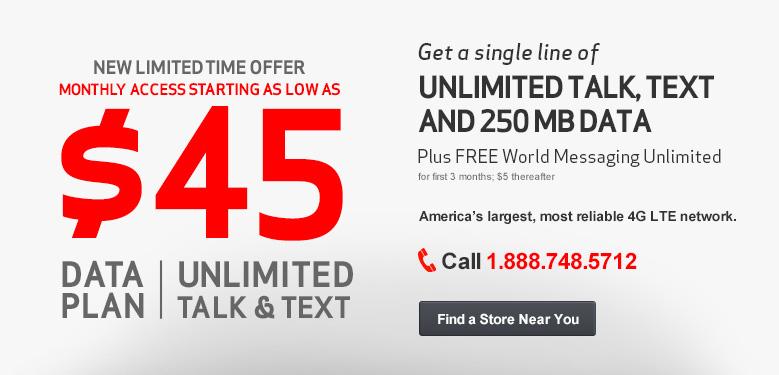 Verizon $45 unlimited talk, text, 250MB data promotional plan
