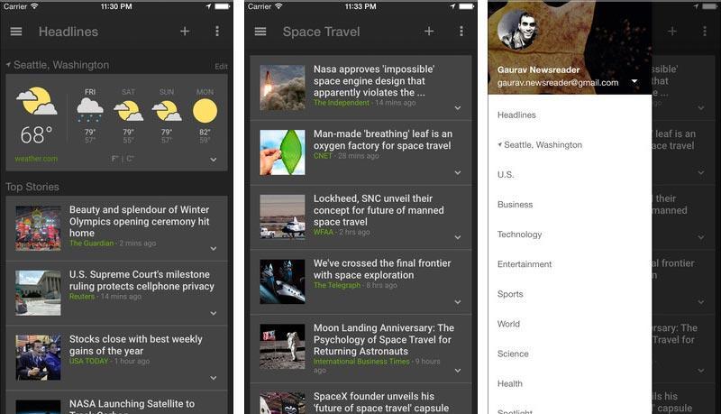 Google News & Weather iOS iPhone app screenshots