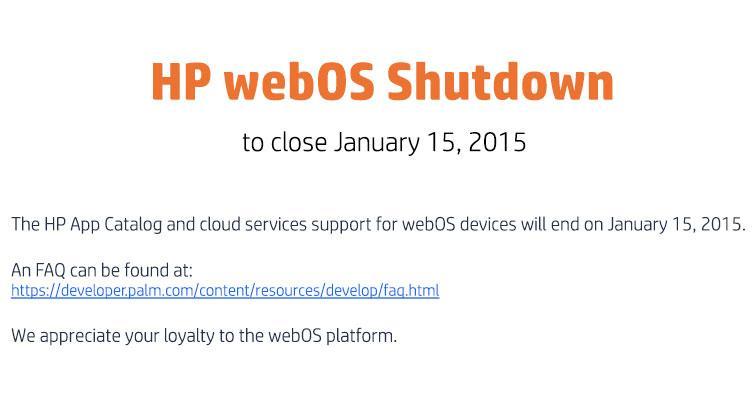 HP webOS cloud services, App Catalog shutdown
