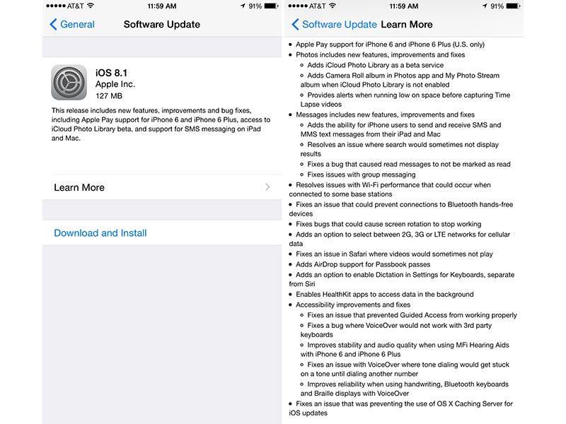 iOS 8.1 official screenshots, changelog