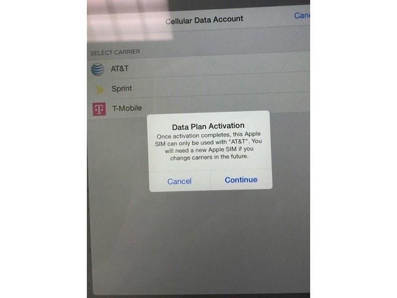 Apple SIM AT&T lock iPad Air 2 iPad mini 3