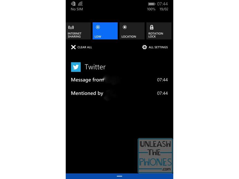 Windows Phone 8.1 Action Center notification panel screenshot