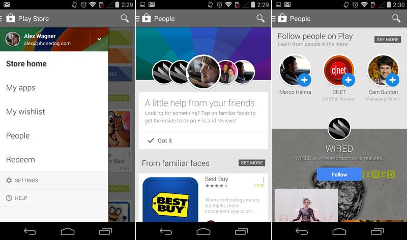 Google Play Store People section slide out menu screenshots