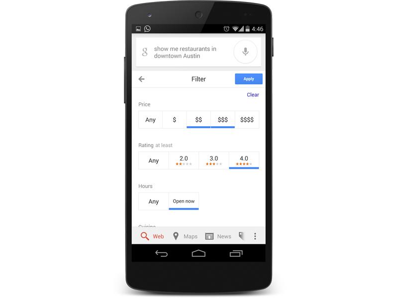 Google hotel and restaurant search filters