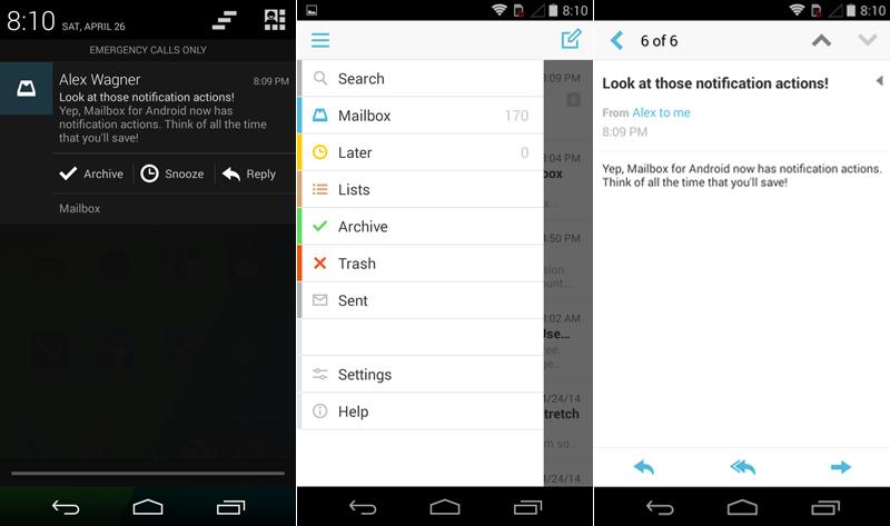 Mailbox for Android notification actions