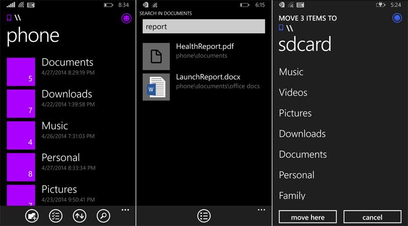 Windows Phone 8.1 File Manager app screenshots official