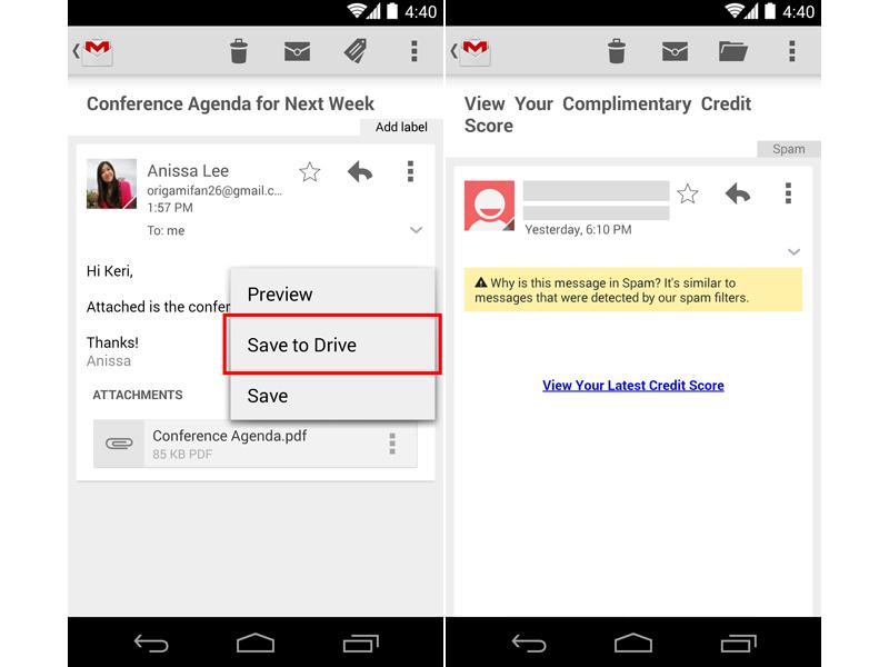 Gmail for Android update Save to Google Drive