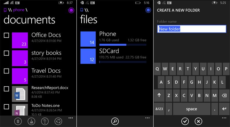 Windows Phone 8.1 Files app screenshots