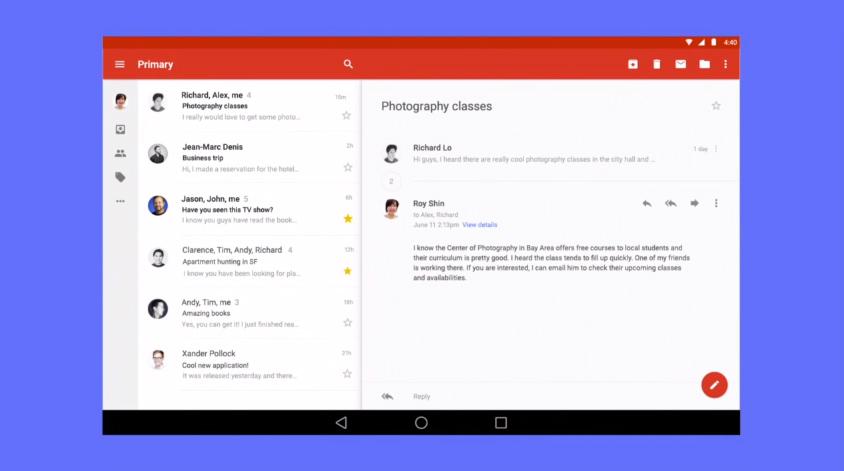 Android L preview Gmail tablet