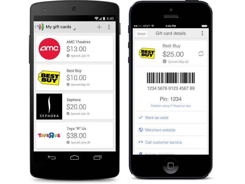 Google Wallet gift cards Android, iOS