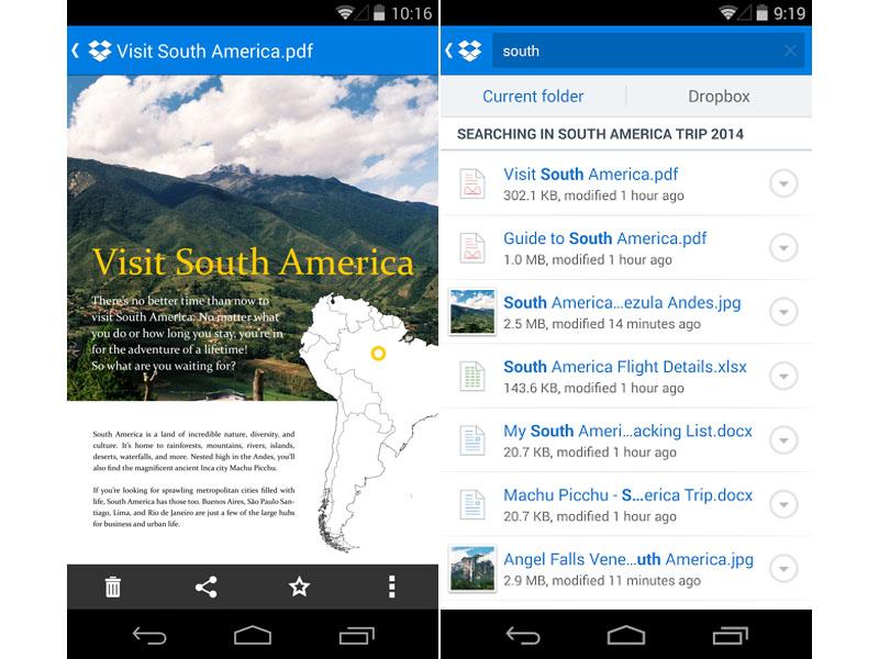 Dropbox for Android document previews, improved search screenshots