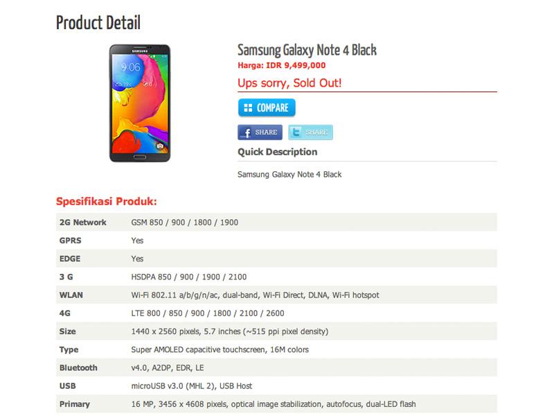 Samsung Galaxy Note 4 product page