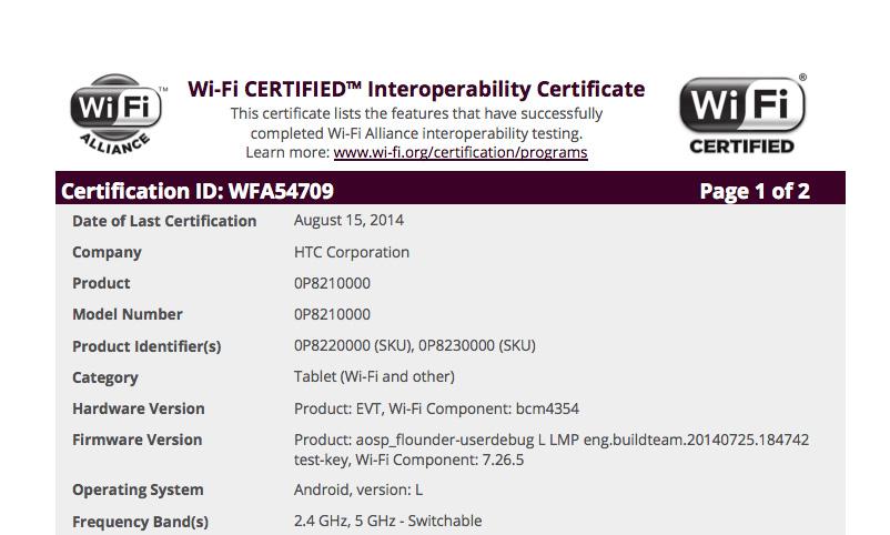 HTC Flounder Nexus tablet Wi-Fi certification
