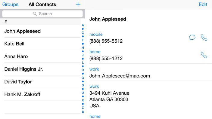 5.5-inch iPhone 6 landscape app UI Contacts