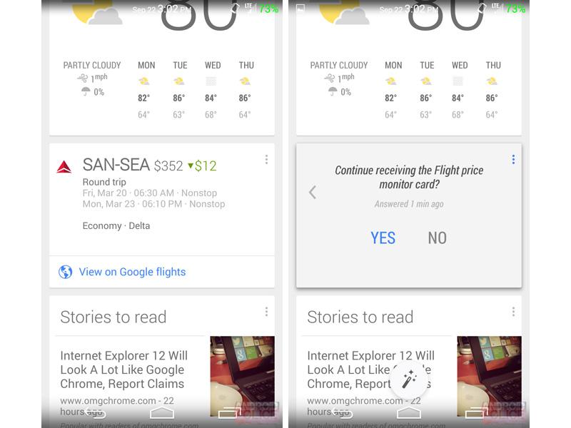 Google Now Flight Price Monitoring card