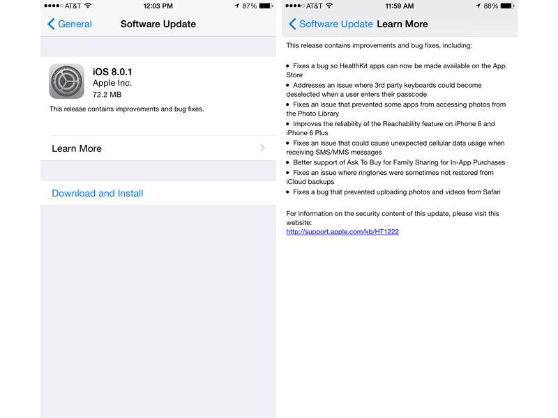 iOS 8.0.1 update changelog