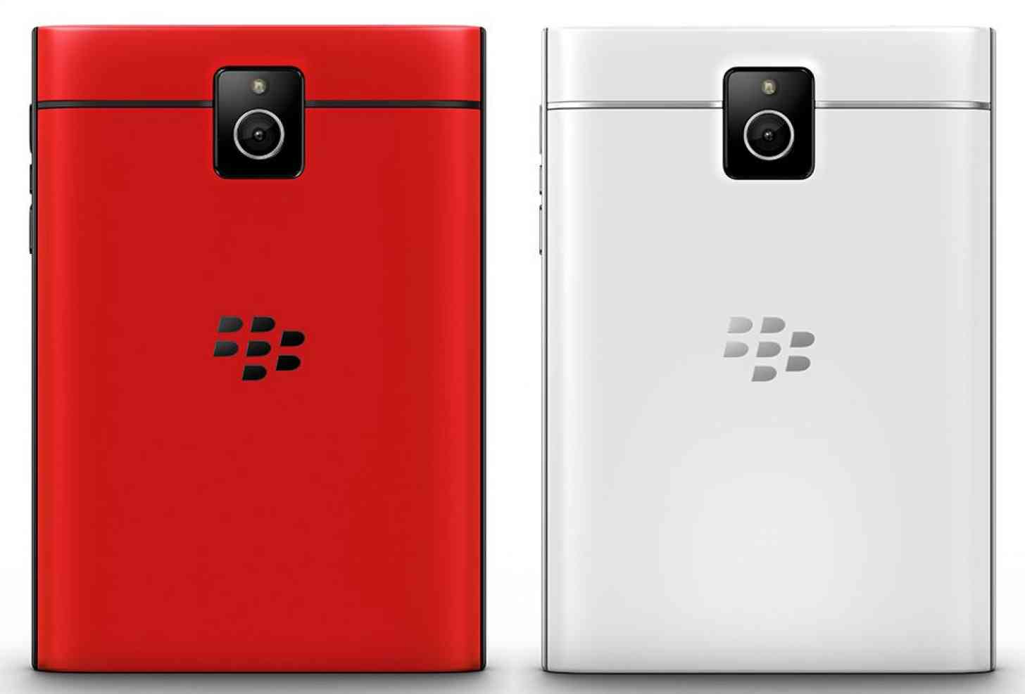 Red and white BlackBerry Passport models rear