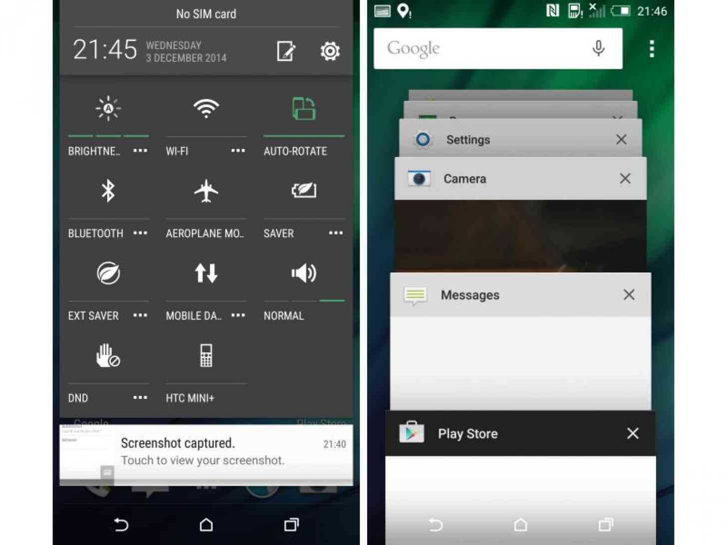 HTC One (M8) Android 5.0 Lollipop Sense 6 screenshots recent apps quick settings
