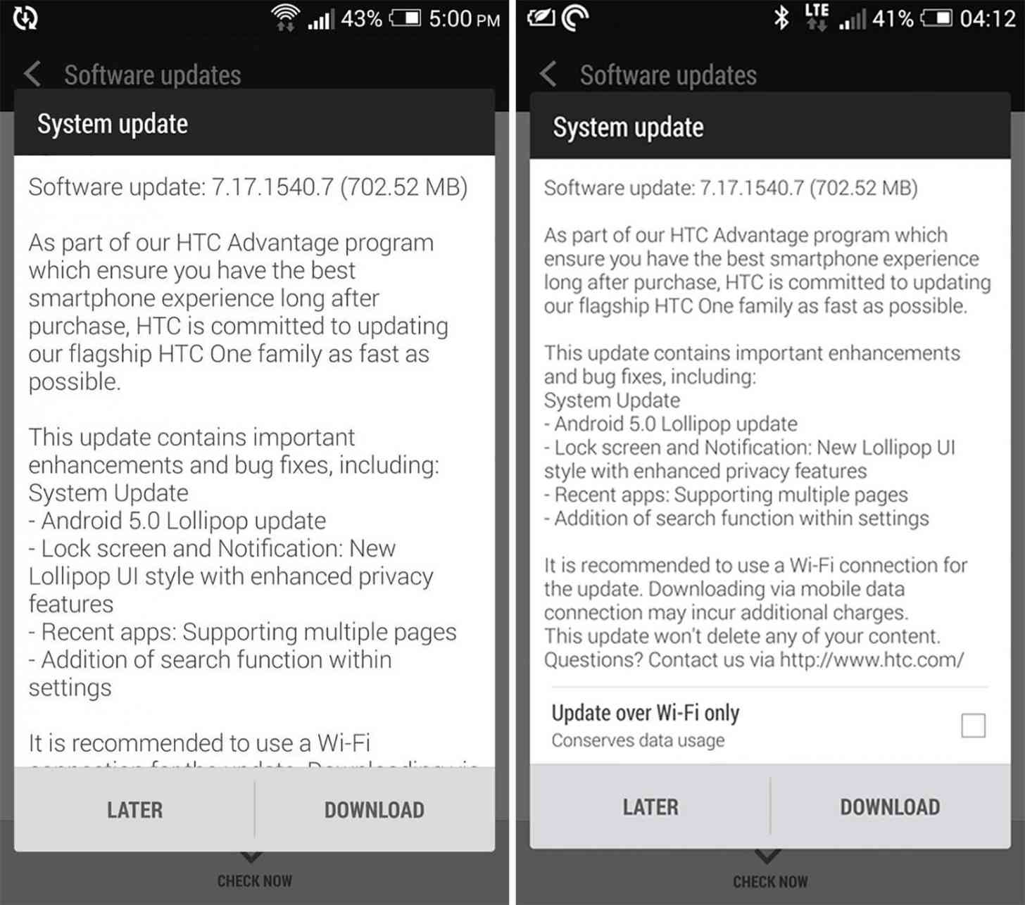 HTC One M7 Android 5.0 update