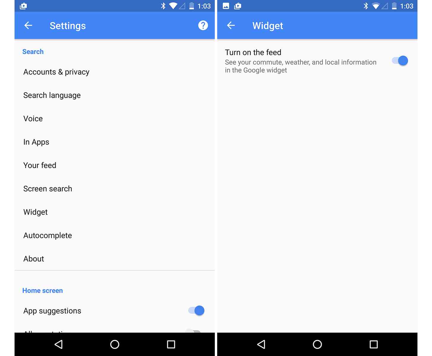 New Google app widget Settings