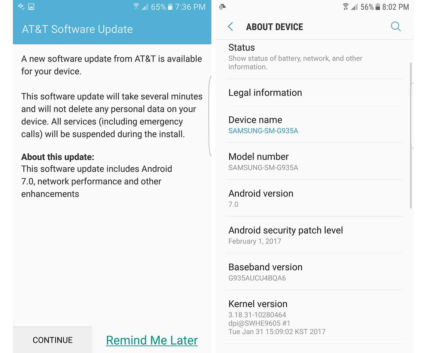 AT&T Samsung Galaxy S7 edge Android 7.0 Nougat update screenshots