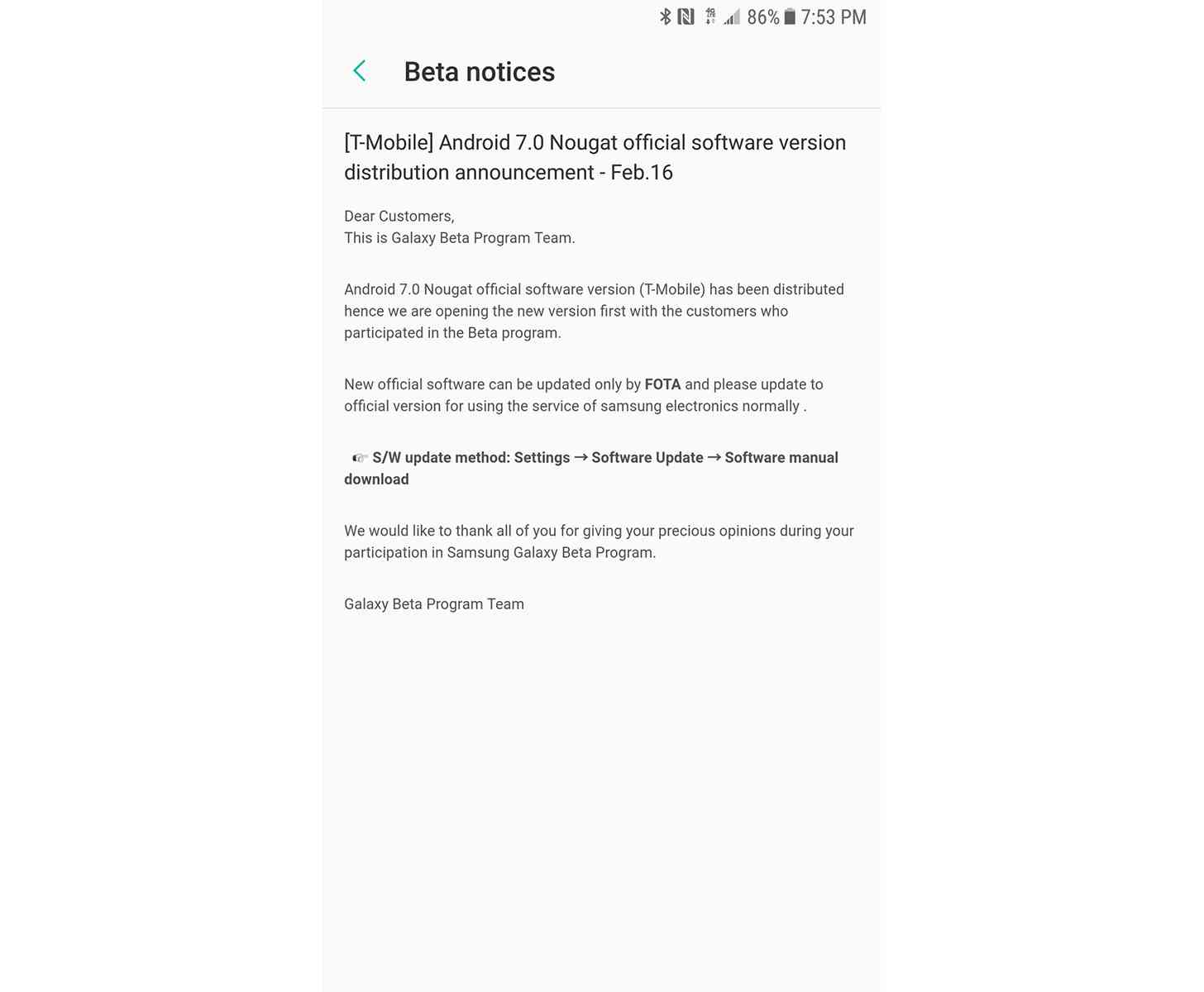 T-Mobile Galaxy S7 Nougat update beta announcement
