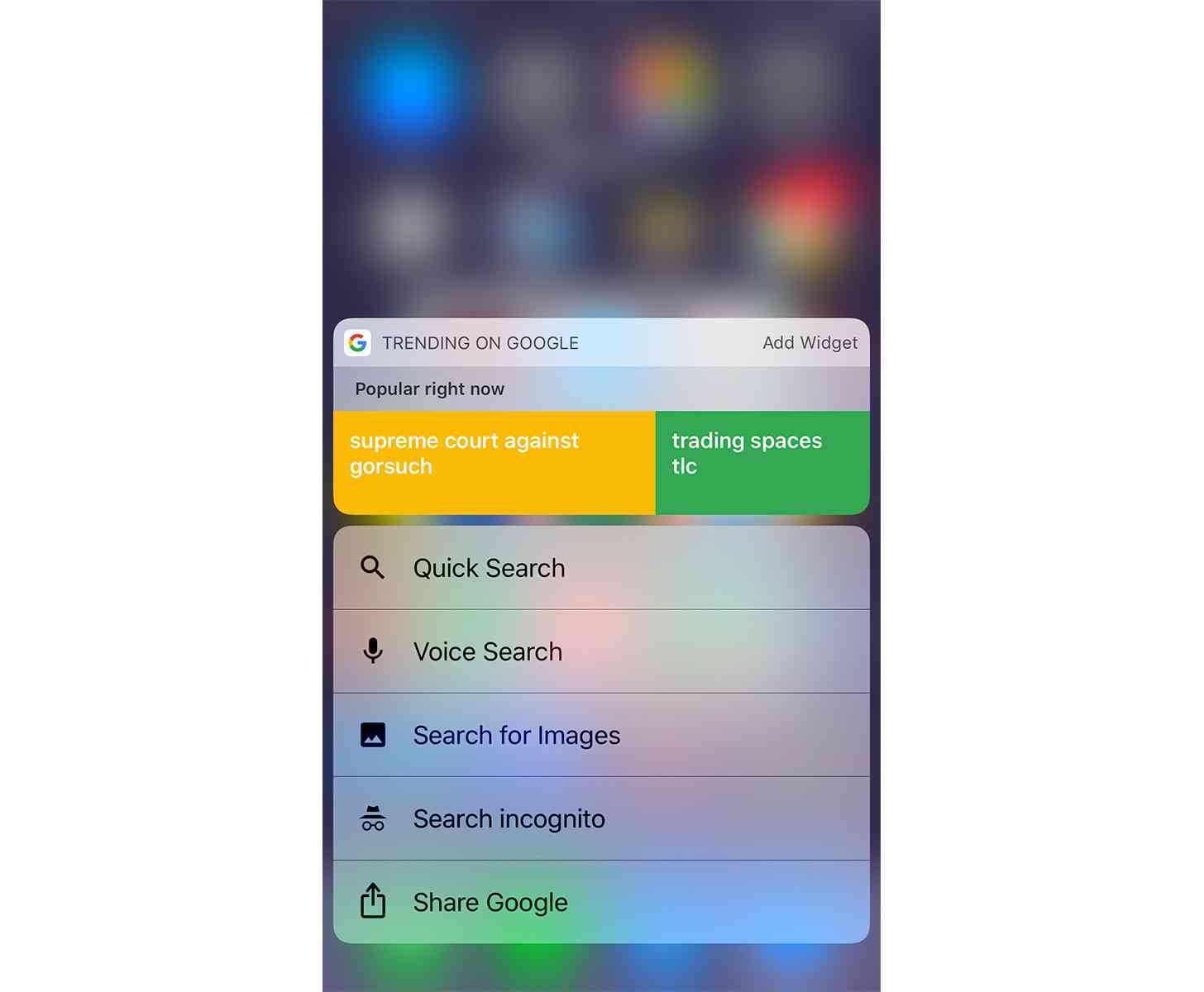Google app iPhone widget, 3D Touch shortcuts