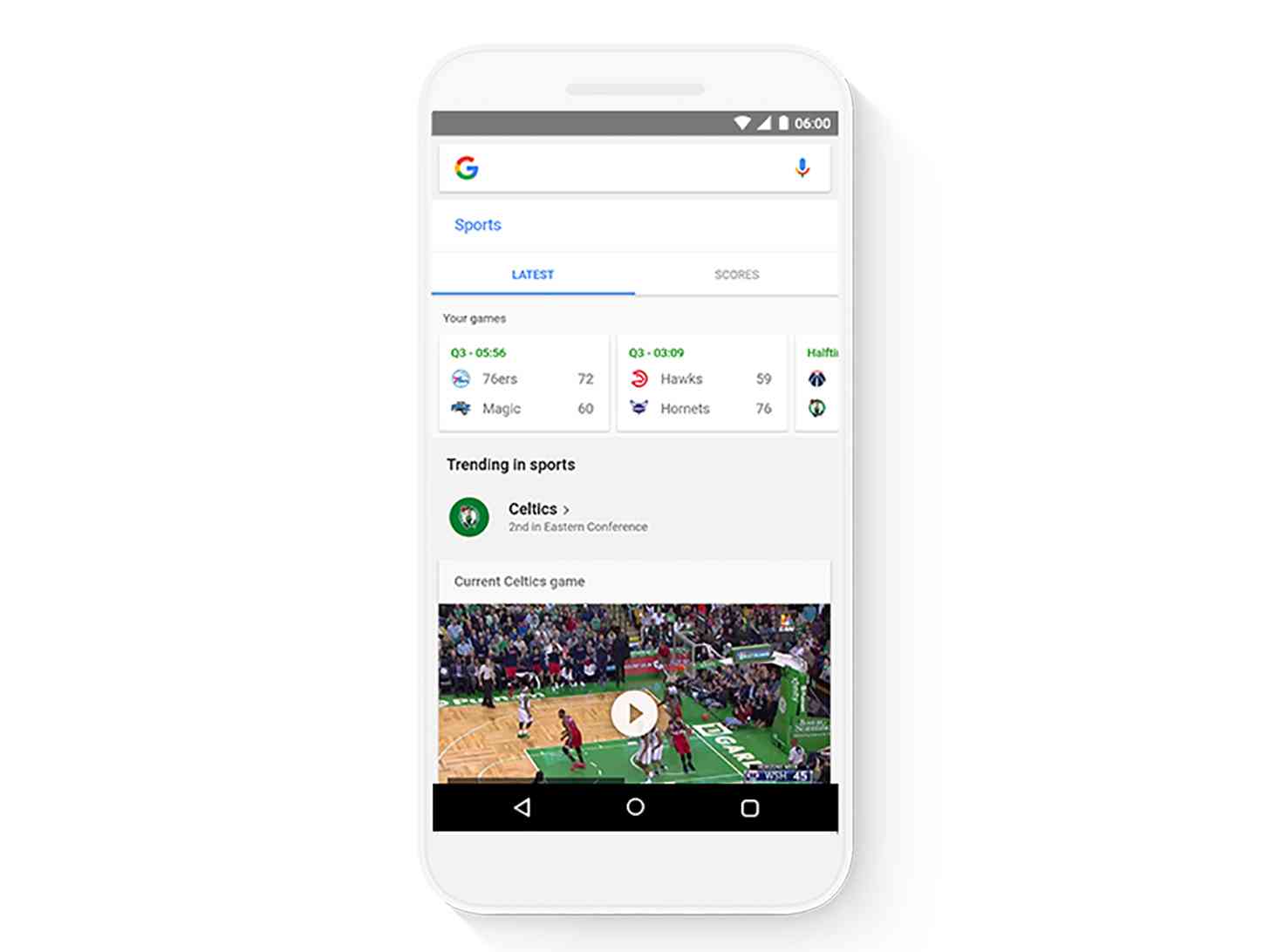Google app shortcuts sports scores