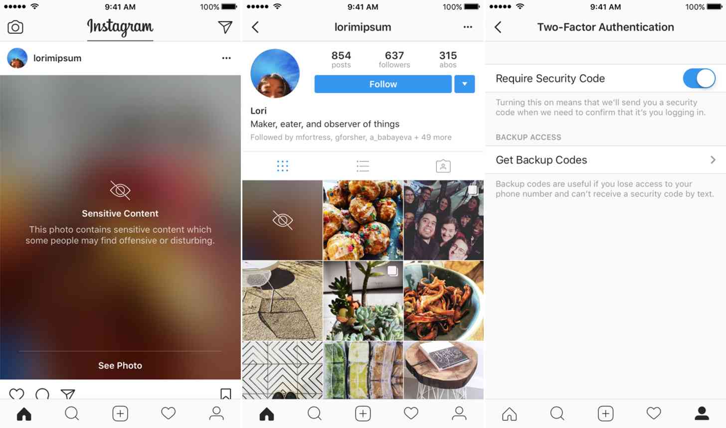 Instagram two-factor authentication, sensitive content