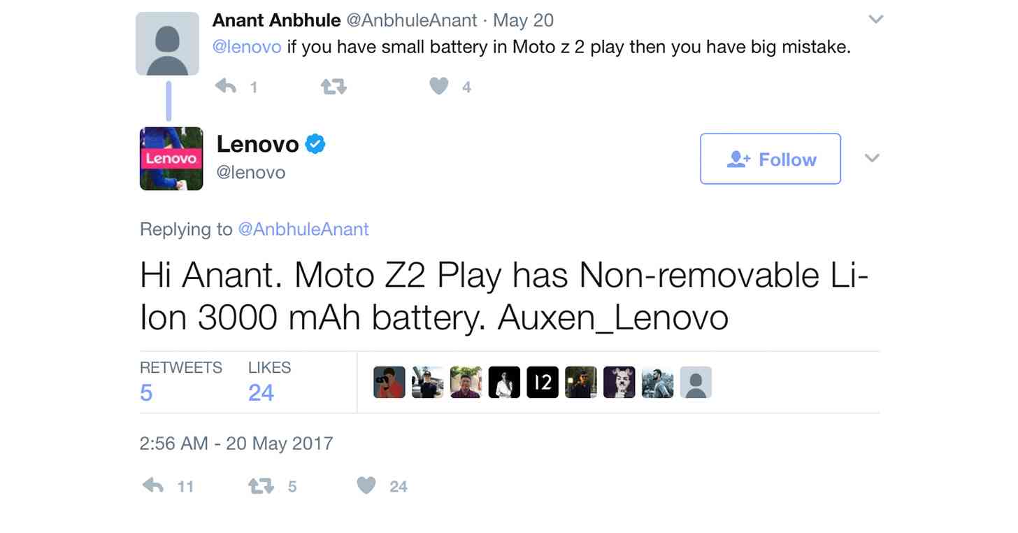 Moto Z2 Play battery size Lenovo