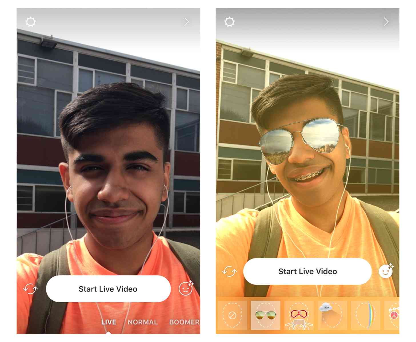 Instagram live video face filters sunglasses before broadcast
