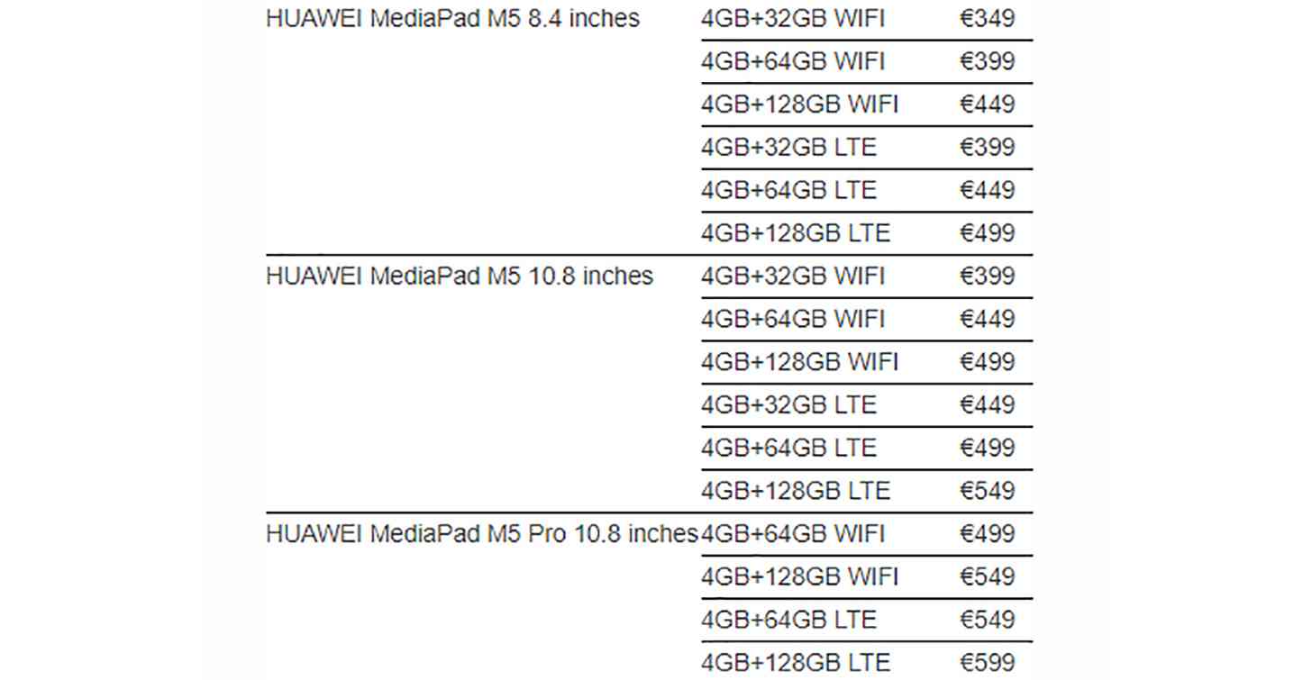 Huawei MediaPad M5 pricing