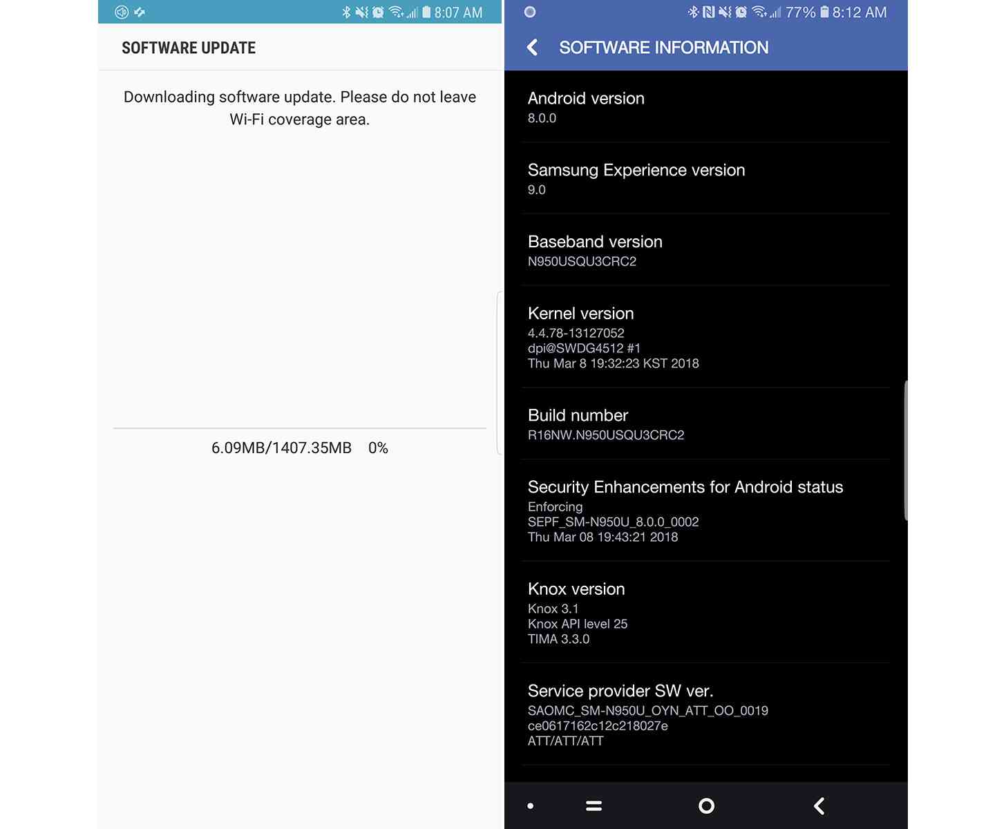 AT&T Galaxy Note 8 Android 8.0 Oreo update