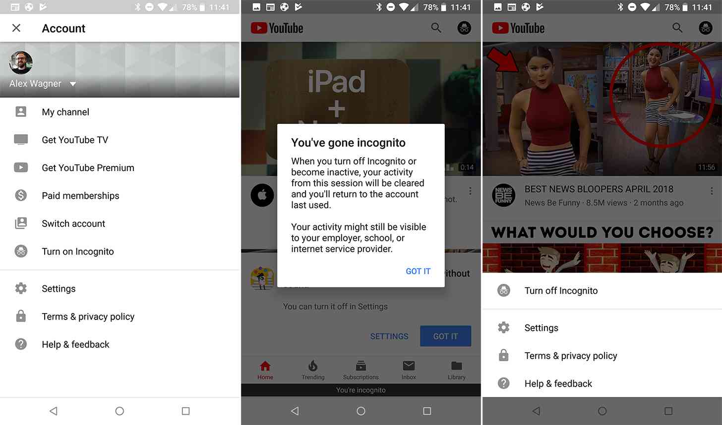 YouTube Incognito Mode Android app screenshots