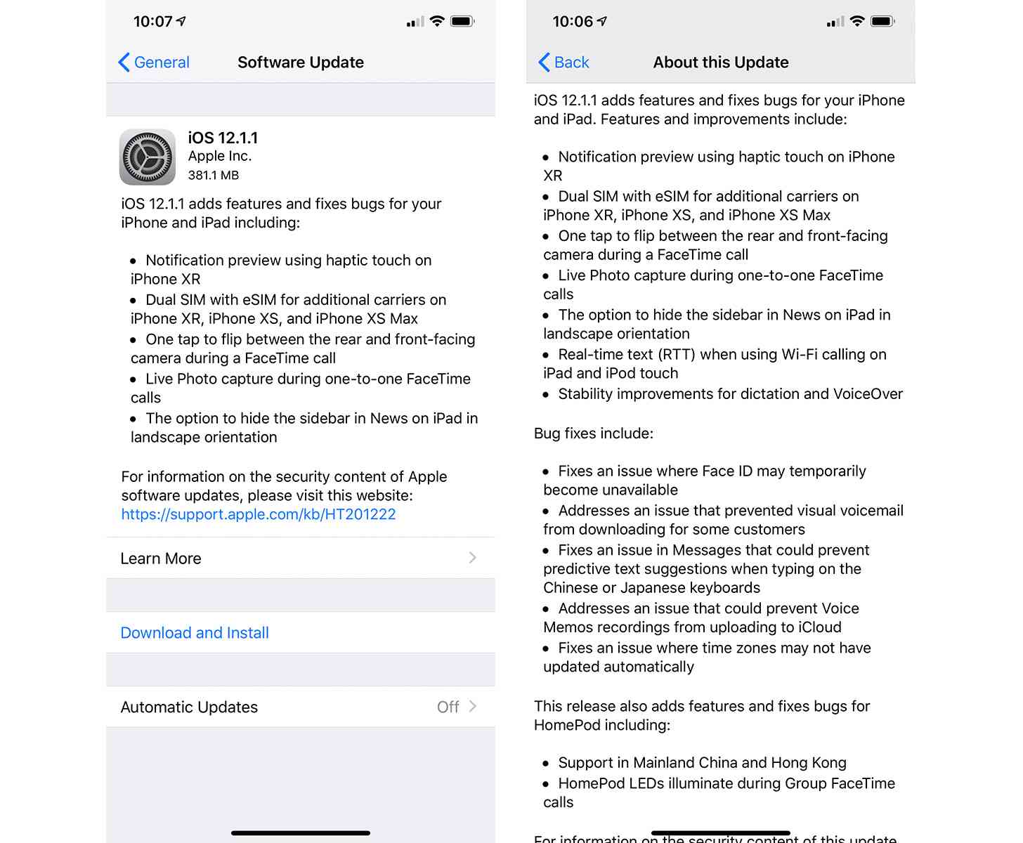 iOS 12.1.1 update changelog