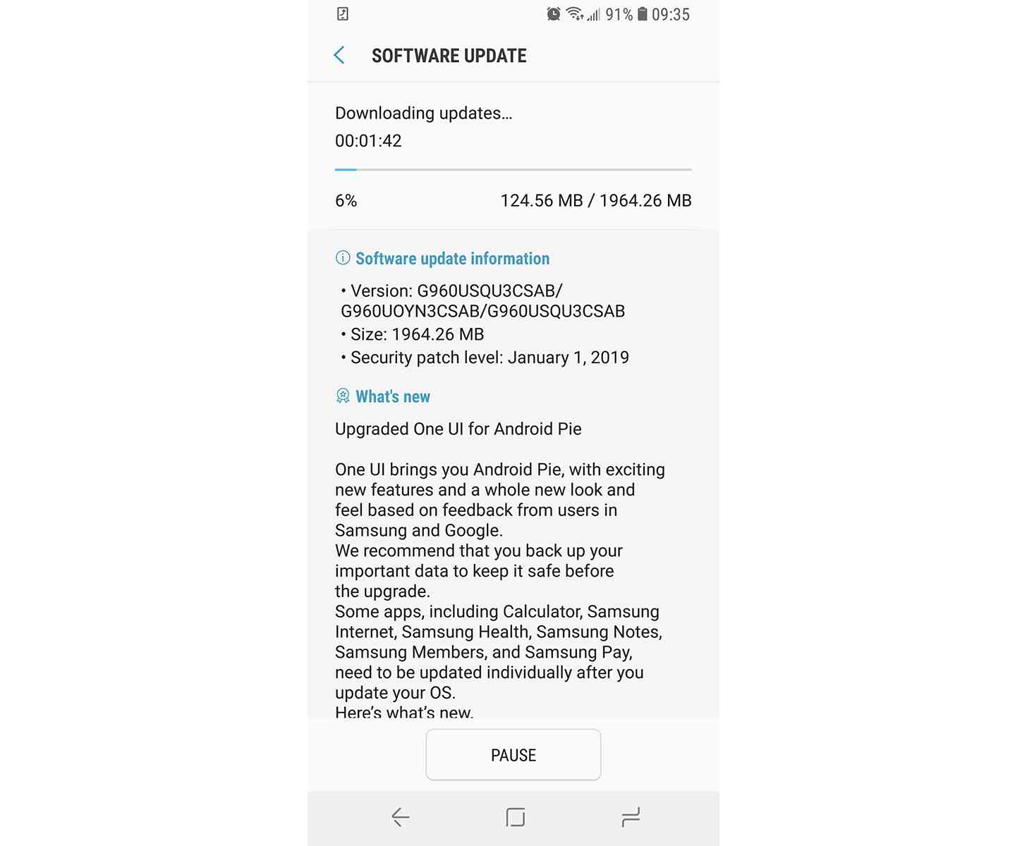 Samsung Galaxy S9 Android Pie update