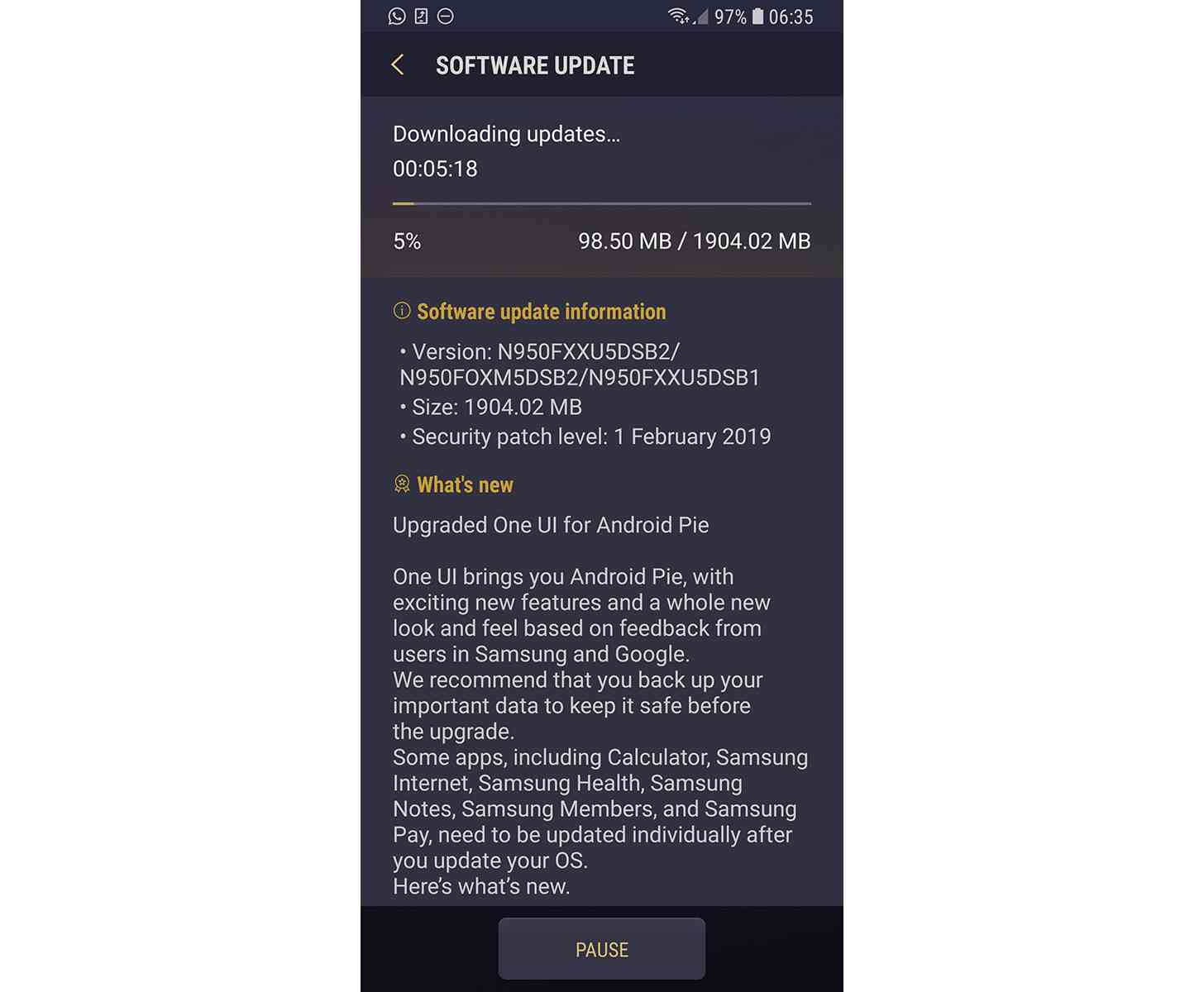 Samsung Galaxy Note 8 Android Pie update
