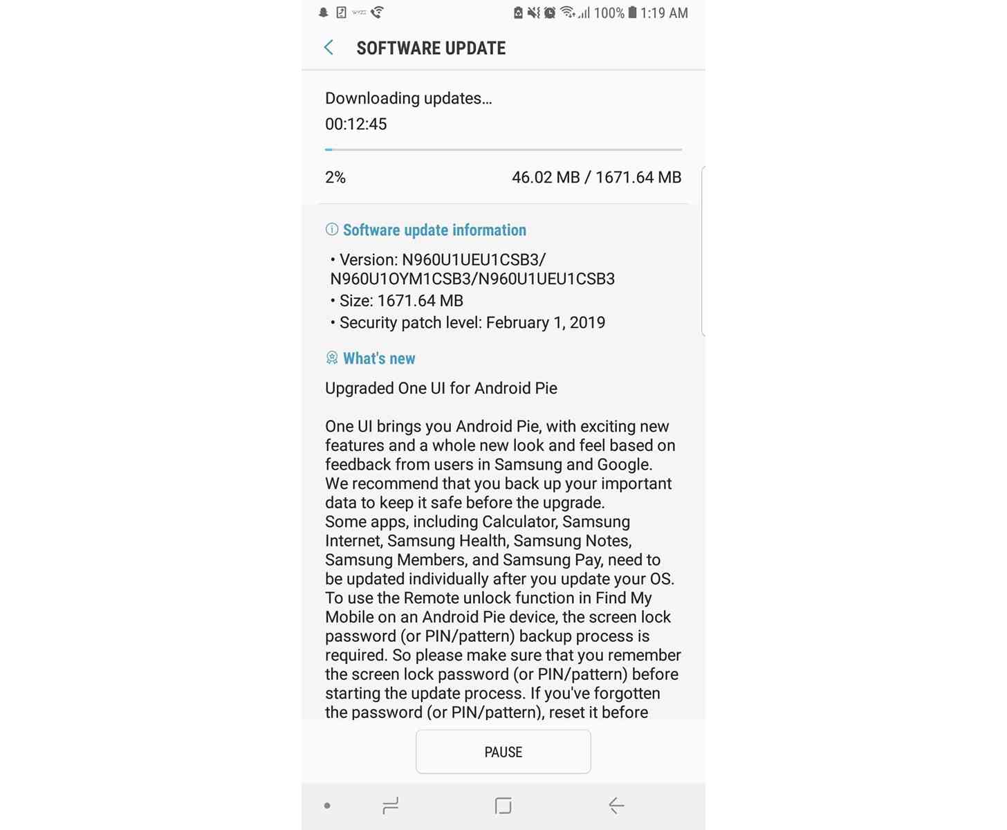 Unlocked Galaxy Note 9 Android Pie update