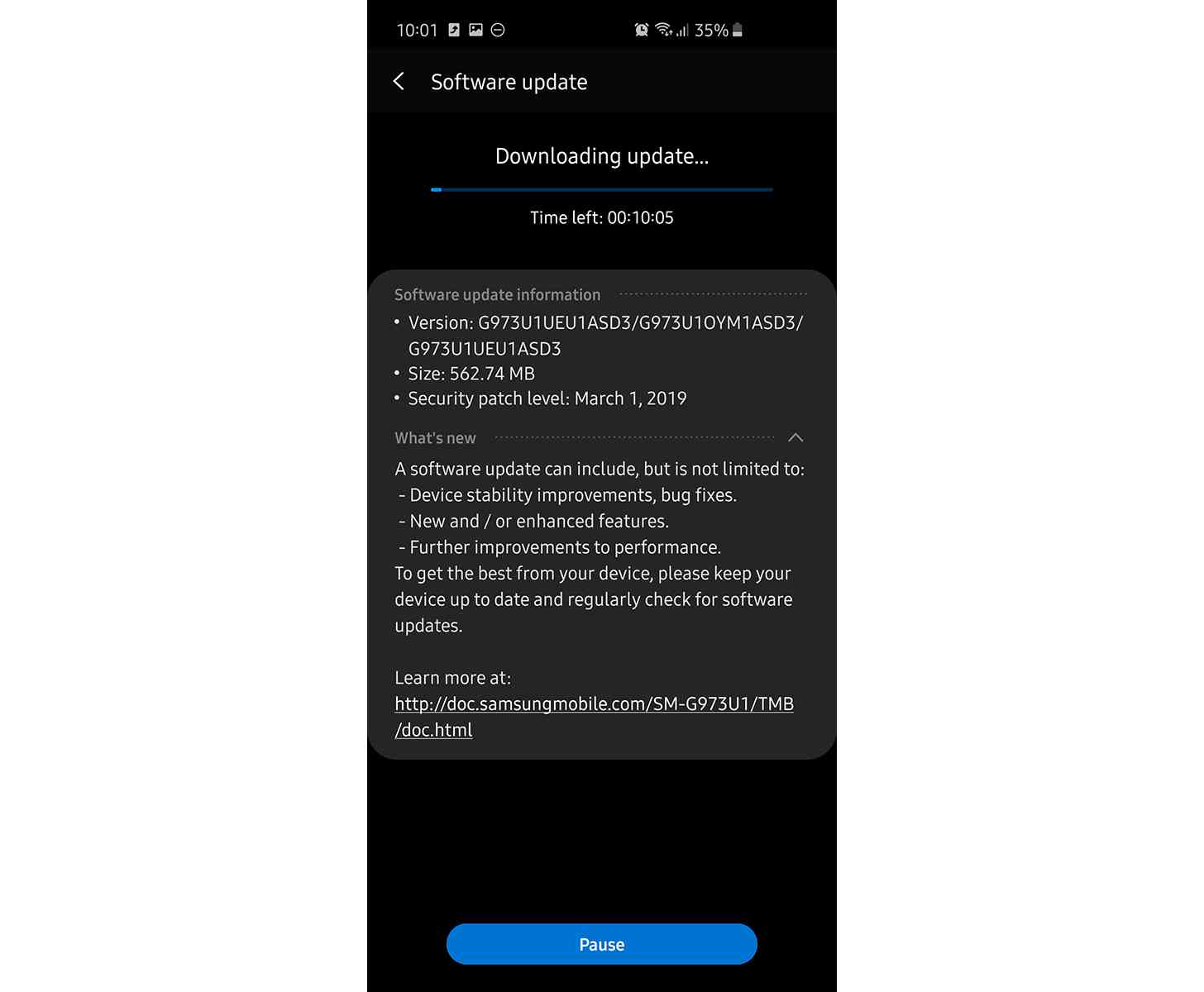 Samsung Galaxy S10 March 2019 security update