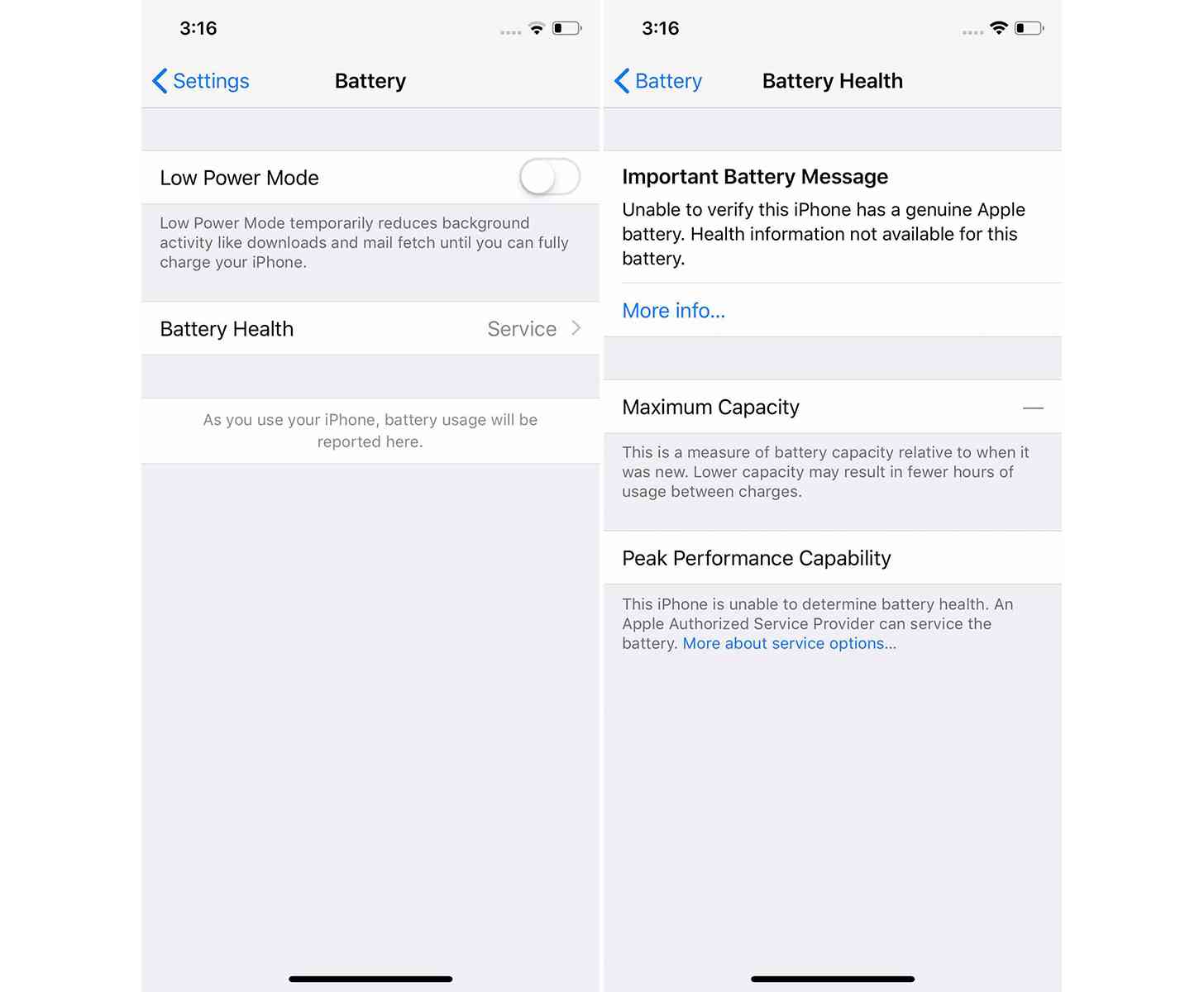 iPhone unauthorized battery replacement warning